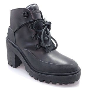 Sperry Womens Pretty Tough Black Ankle Boots Chunky Heel Waterproof Size 6.5
